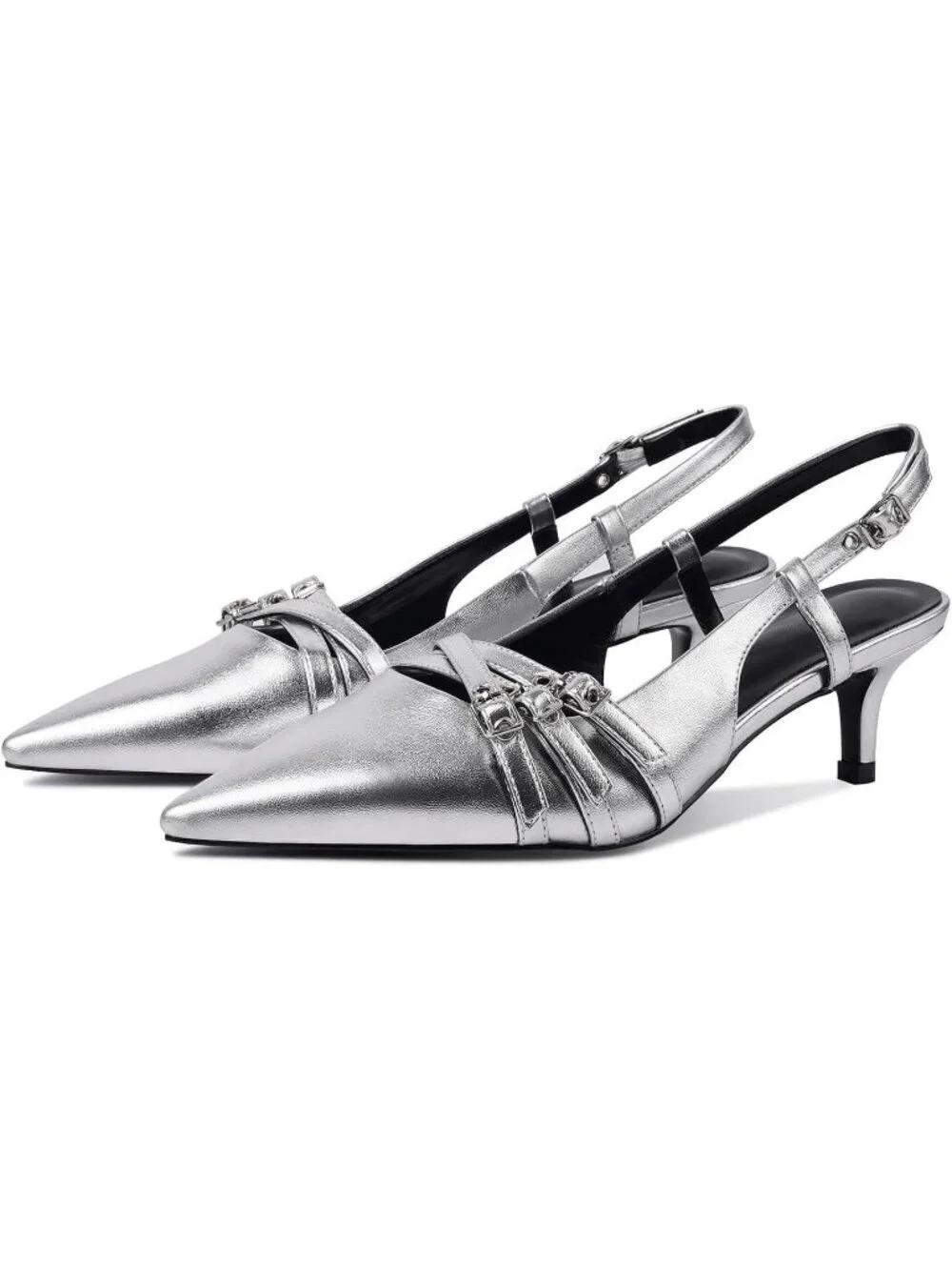 Women's Silver Slingback Kitten Pointed Toe Pump Low Stiletto Heels Shoes
